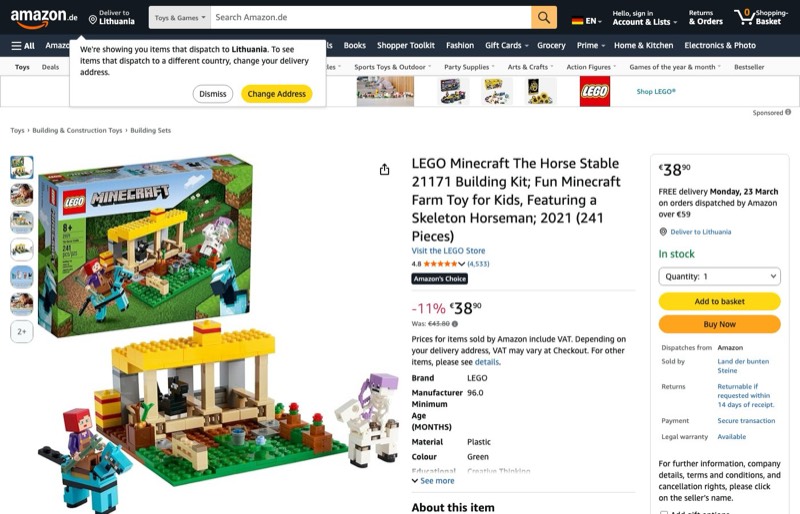 LEGO Minecraft 21171 kaina Amazon.de — 38,90 €