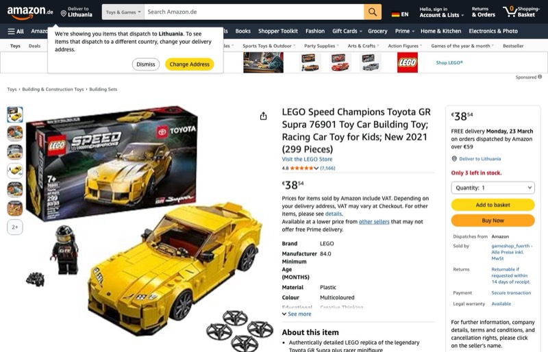 LEGO Speed Champions Toyota GR Supra Toy Car Building Toy; Racing Car Toy for Kids; (299 Pieces) 76901 kaina Amazon.de — 38,54 €