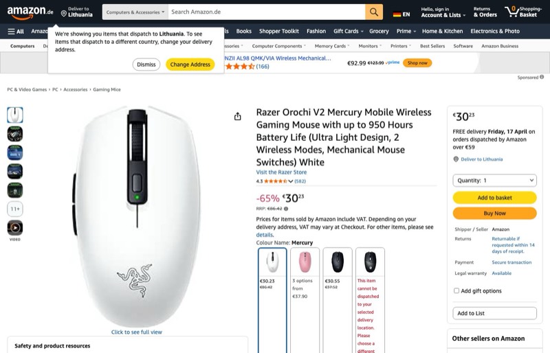 Razer Orochi V2 Mercury kaina Amazon.de — 30,23 €