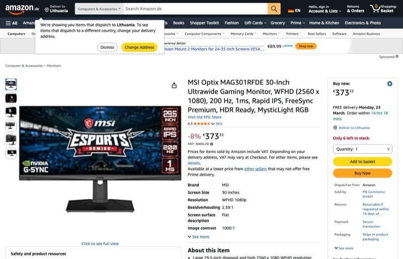 MSI Optix MAG301RF -WFHD-Gaming kaina Amazon.de — 373,33 €