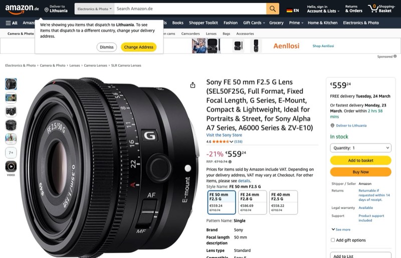 Sony FE 50mm F2. Objektiv (SEL50F25G kaina Amazon.de — 559,24 €