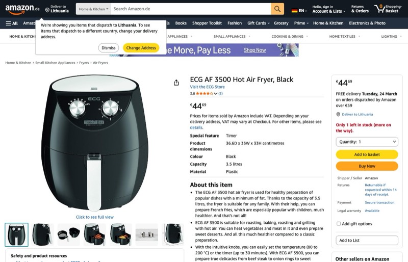 ECG AF 3500 kaina Amazon.de — 44,69 €