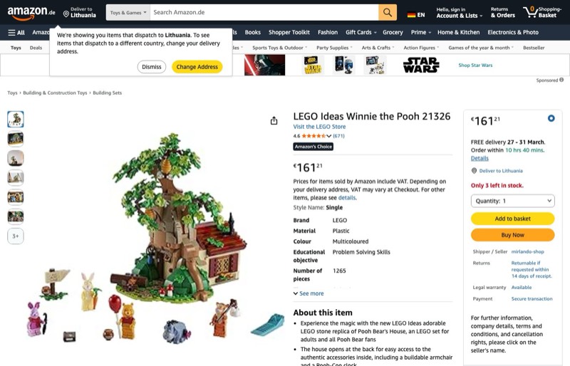 LEGO Ideas Winnie Puh 21326 kaina Amazon.de — 161,21 €