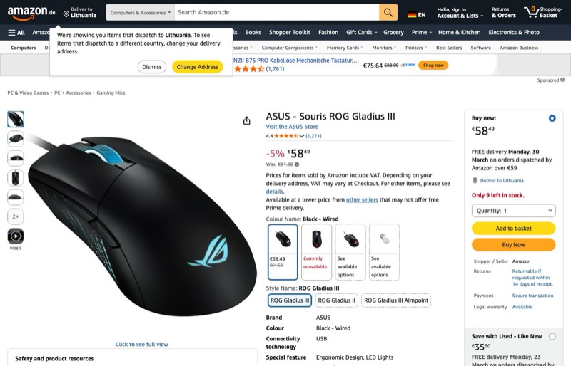 ASUS ROG Gladius III Gaming Mouse kaina Amazon.de — 58,49 €