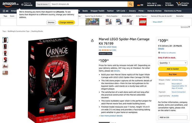 LEGO Marvel Spider-Man vs Carnage 76199 kaina Amazon.de — 109,00 €