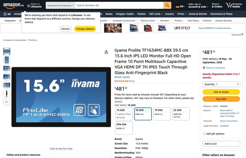 iiyama Prolite TF1634MC-B8X 39 kaina Amazon.de — 481,42 €
