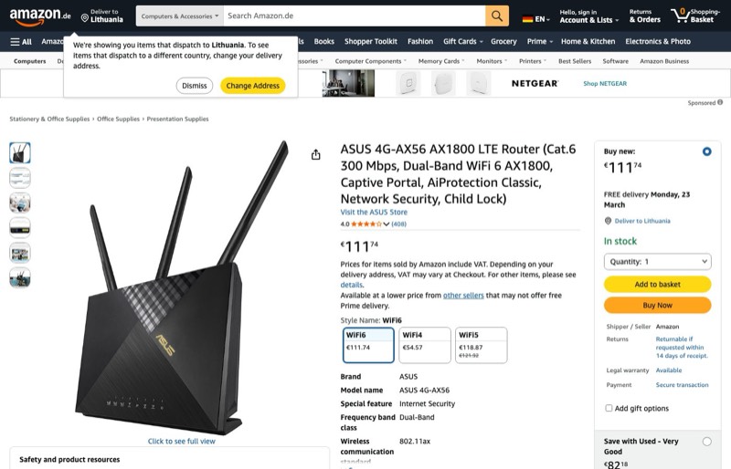 ASUS -AX56 AX1800 LTE Router (Cat.6 300Mbps kaina Amazon.de — 111,74 €