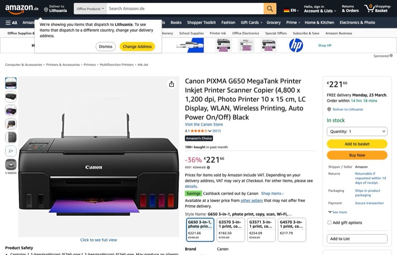 Canon PIXMA G650 MegaTank Tintenstrahldrucker Scanner kaina Amazon.de — 221,66 €