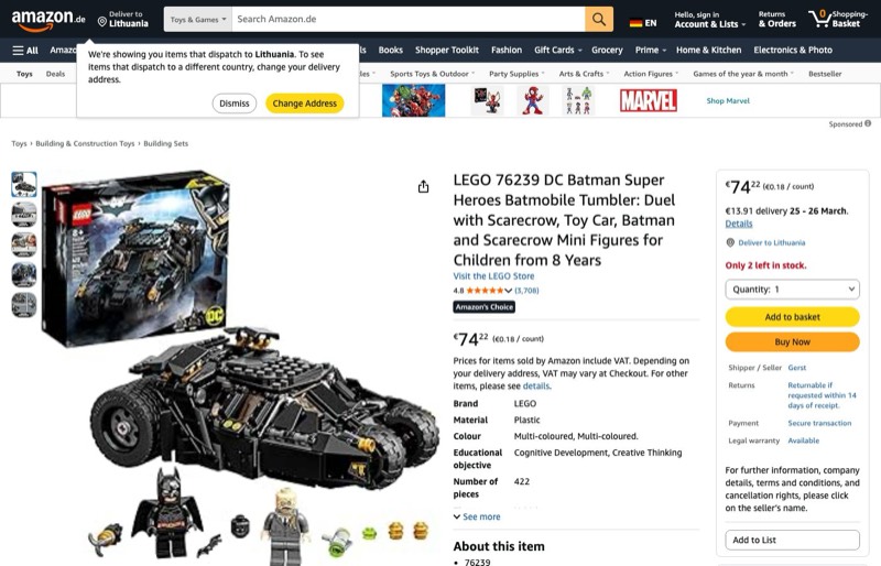 LEGO DC Batman Super Heroes Batmobile Tumbler: Duell mit Scarecrow 76239 kaina Amazon.de — 74,22 €