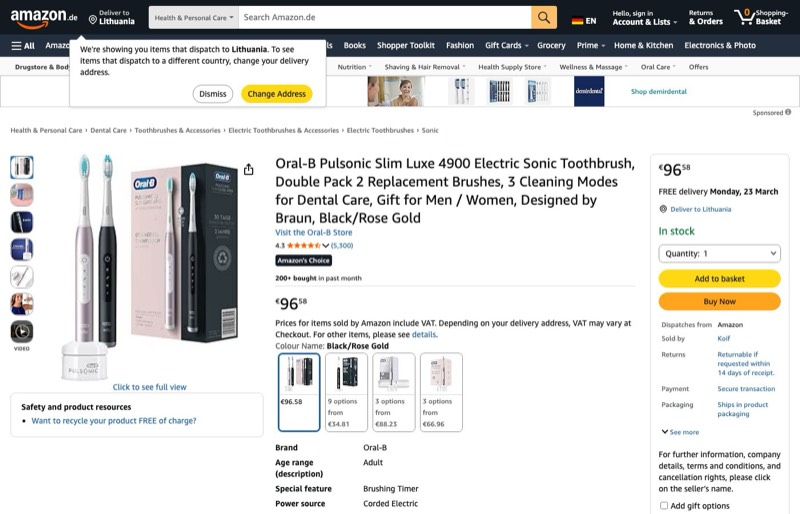 Oral-B Pulsonic Slim Luxe 4900 Double Pack kaina Amazon.de — 96,58 €