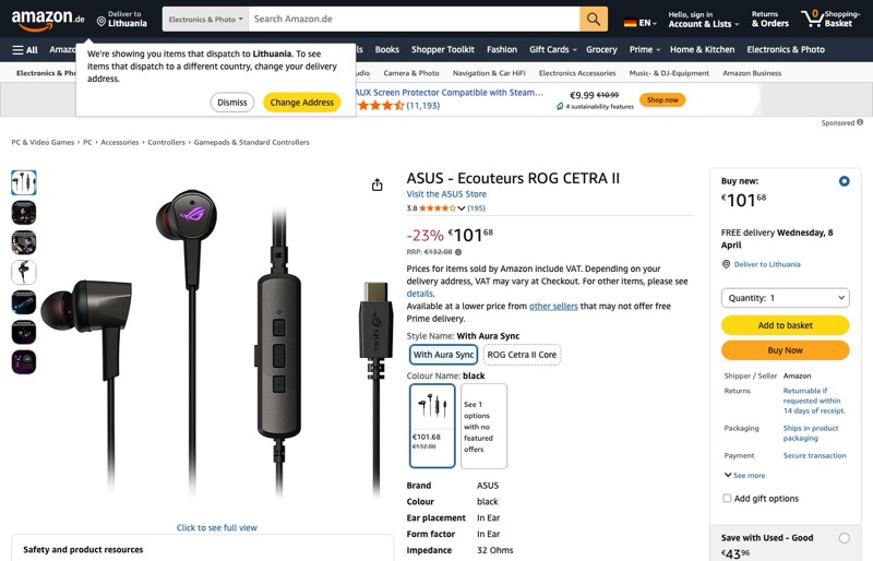 Asus ROG Cetra II kaina Amazon.de — 101,68 €