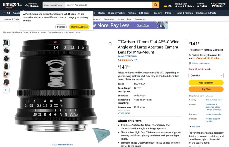 TTArtisan 17mm F1.4 APS-C Wide Angle and Large Aperture kaina Amazon.de — 141,54 €