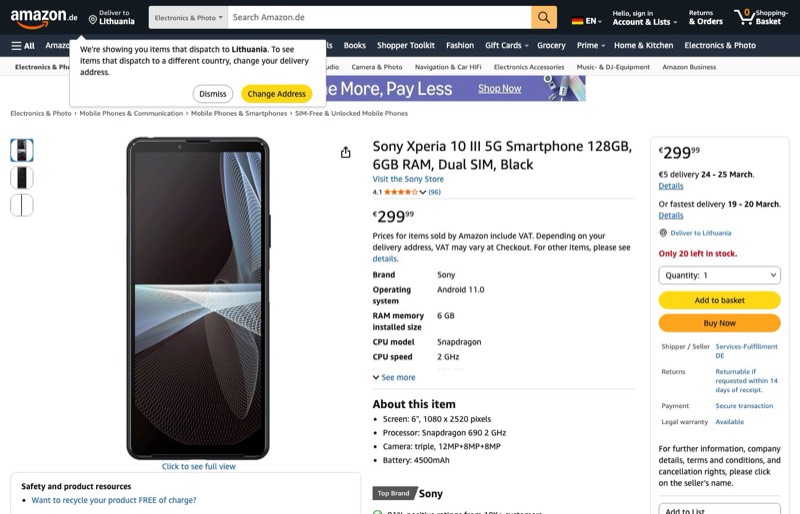 Sony Xperia 10 III 5G 128GB kaina Amazon.de — 299,99 €