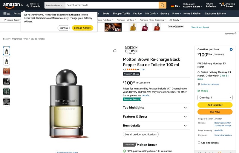Molton Brown Re-charge Pepper Eau de Toilette 100 ml kaina Amazon.de — 100,66 €