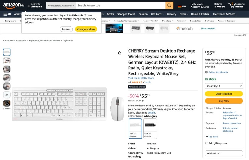 CHERRY Stream Desktop Recharge QWERTZ kaina Amazon.de — 55,91 €