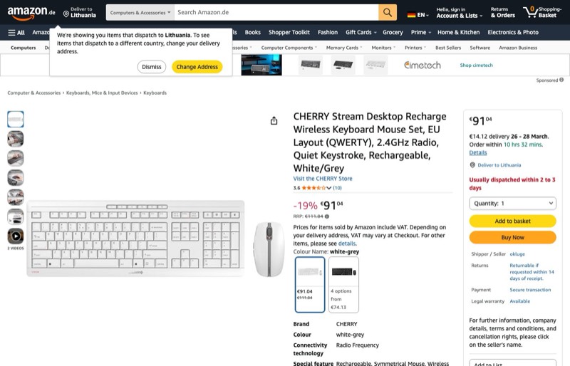 CHERRY Stream Desktop Recharge QWERTY kaina Amazon.de — 91,04 €