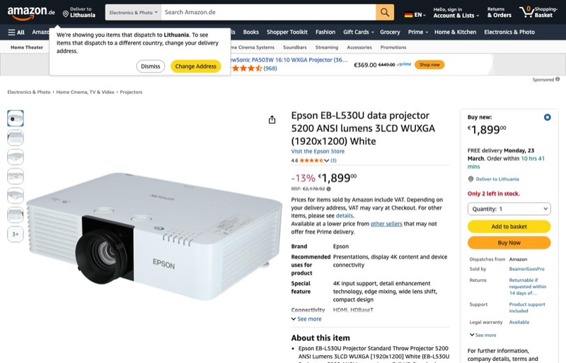 Epson EB-L530U Laser Projector kaina Amazon.de — 1899,00 €