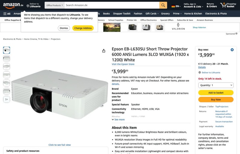 Epson EB-L630SU Short Throw 6000 ANSI Lumen 3LCD WUXGA weiß kaina Amazon.de — 3999,00 €