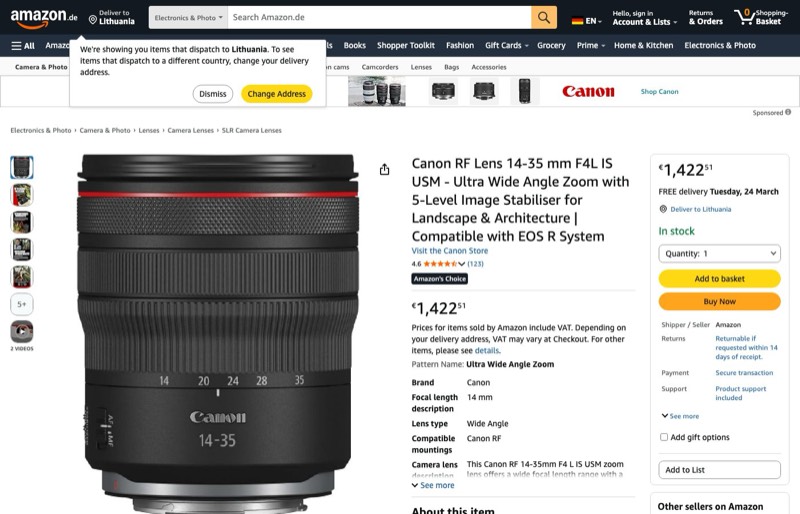 Canon RF Objektiv 14-35mm F4L IS USM kaina Amazon.de — 1422,51 €