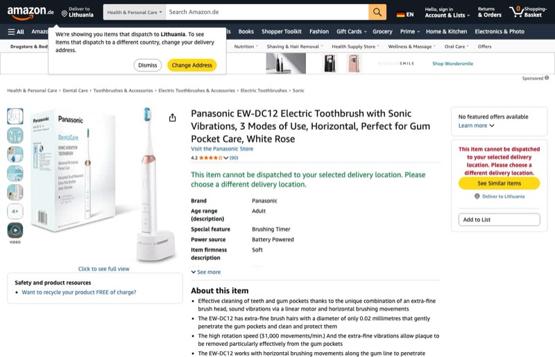 Panasonic EW-DC12 Electric Toothbrush kaina Amazon.de — 74,80 €