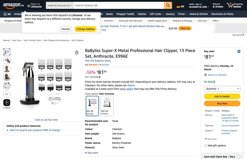 BaByliss Super-X Metal Kabelloser Haarschneider kaina Amazon.de — 81,83 €