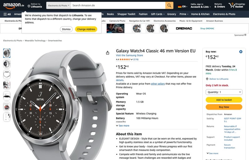 Galaxy Watch4 Classic 46mm Version EU kaina Amazon.de — 152,42 €
