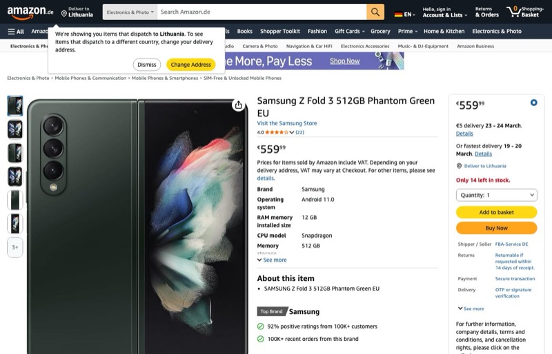 Samsung Z FOLD 3 512GB Phantom Green EU kaina Amazon.de — 559,99 €