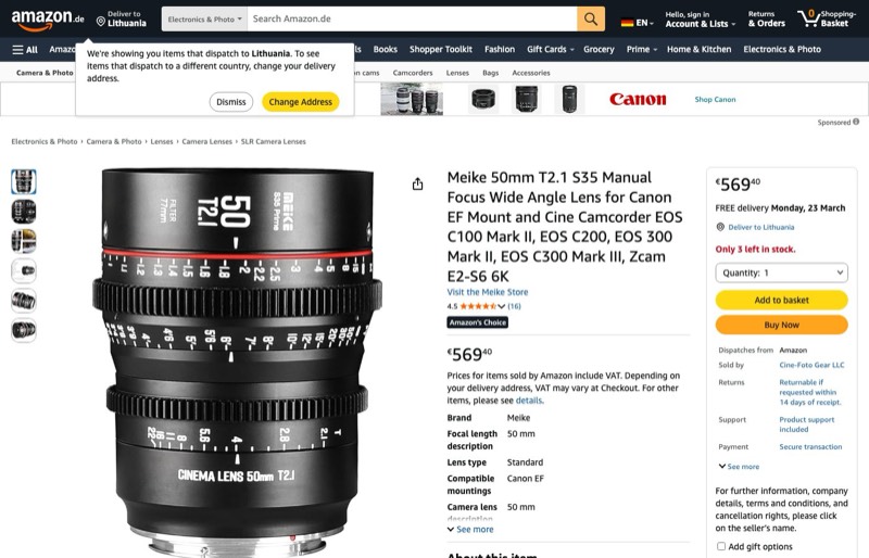 Meike 50 mm T2.1 S35 Manueller Fokus Weitwinkelobjektiv kaina Amazon.de — 569,40 €