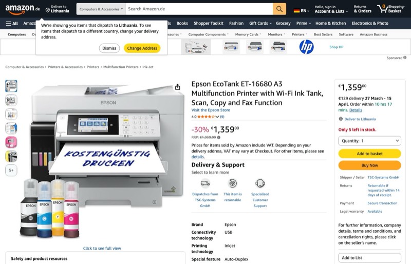 Epson EcoTank ET-16680 A3-Multifunktionsdrucker kaina Amazon.de — 1359,00 €