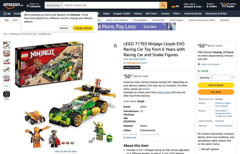 LEGO Ninjago Lloyd's EVO Racing Car 71763 kaina Amazon.de — 50,74 €
