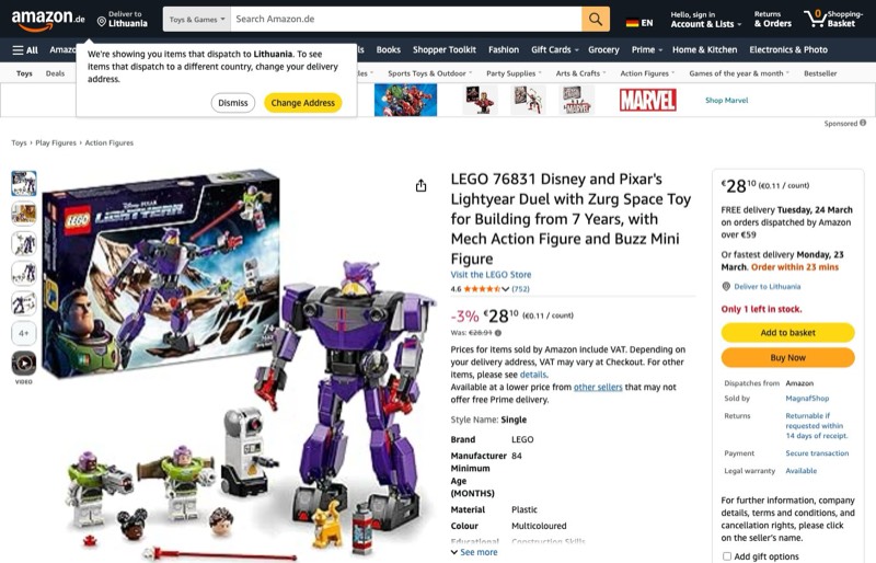 LEGO Disney and Pixar’s Lightyear Duell mit Zurg Weltraum- 76831 kaina Amazon.de — 28,10 €