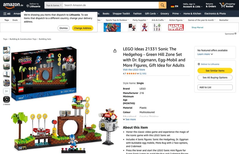 LEGO Ideas Sonic The Hedgehog 21331 kaina Amazon.de — 64,93 €