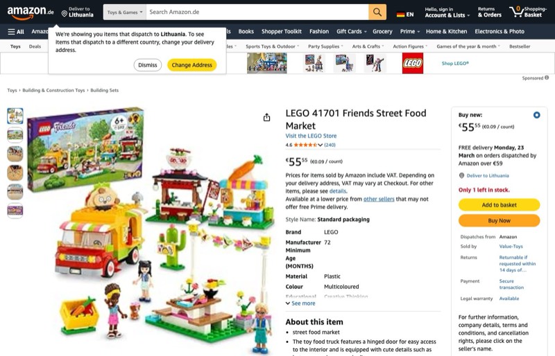 LEGO Friends Streetfood-Markt 41701 kaina Amazon.de — 55,55 €
