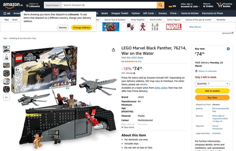 LEGO Marvel Black Panther 76214 kaina Amazon.de — 74,98 €