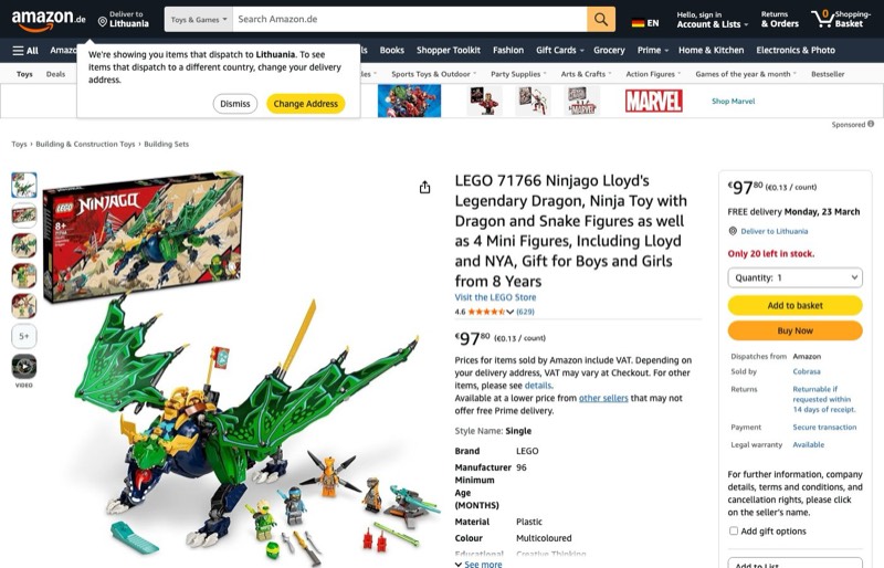 LEGO NINJAGO Lloyds Legendärer Drache 71766 kaina Amazon.de — 97,80 €