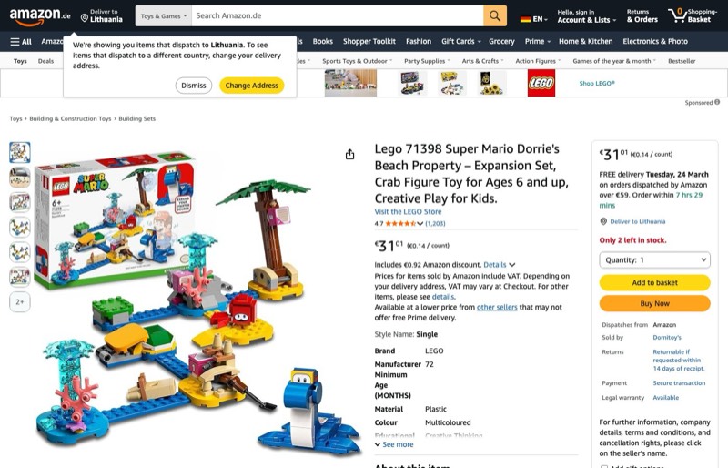 LEGO Super Mario 71398 kaina Amazon.de — 31,01 €