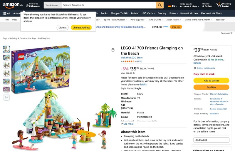 LEGO Friends Glamping am Strand 41700 kaina Amazon.de — 39,99 €