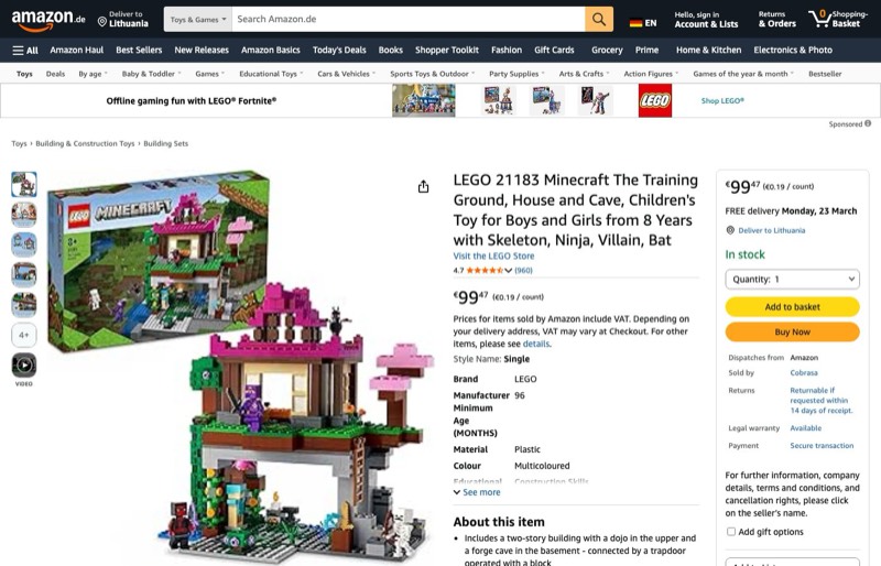 LEGO Minecraft Das Trainingsgelände 21183 kaina Amazon.de — 99,47 €