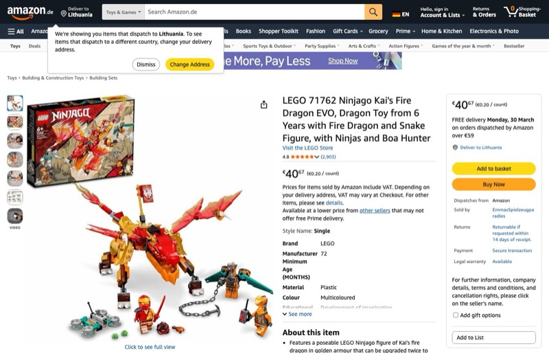 LEGO Ninjago Kai's Fire Dragon EVO 71762 kaina Amazon.de — 40,67 €