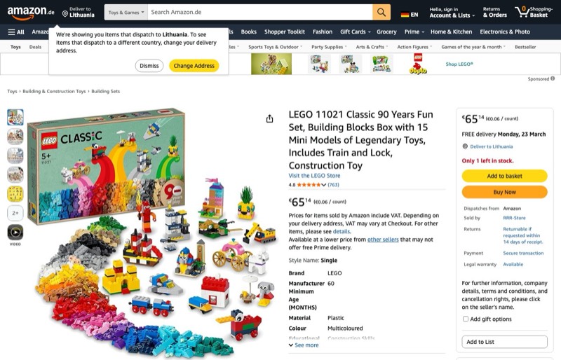 LEGO Classic 90 Years of Play 11021 kaina Amazon.de — 65,14 €