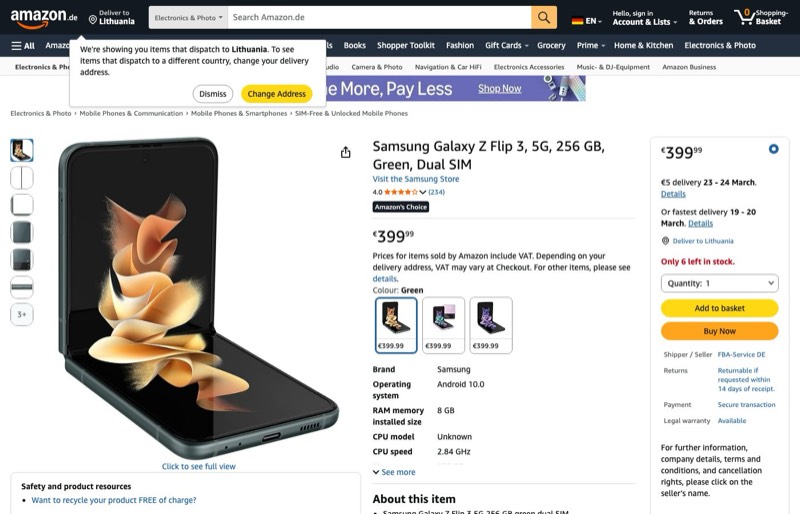 Samsung Galaxy Z Flip 3 256GB Dual SIM kaina Amazon.de — 399,99 €