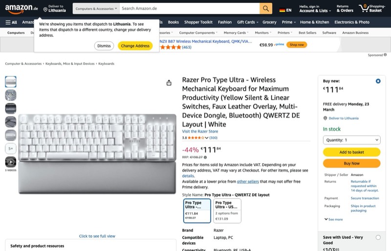 Razer Pro Type Ultra kaina Amazon.de — 111,84 €