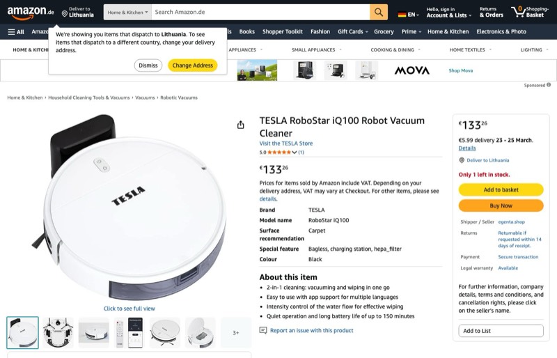 TESLA RoboStar iQ100 Robot Vacuum kaina Amazon.de — 133,26 €