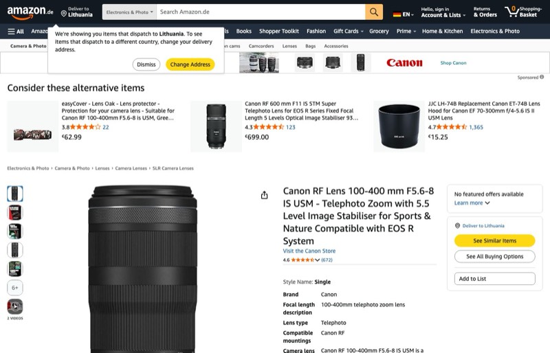 Canon RF Objektiv 100-400mm F5.6-8 IS USM kaina Amazon.de — 635,00 €