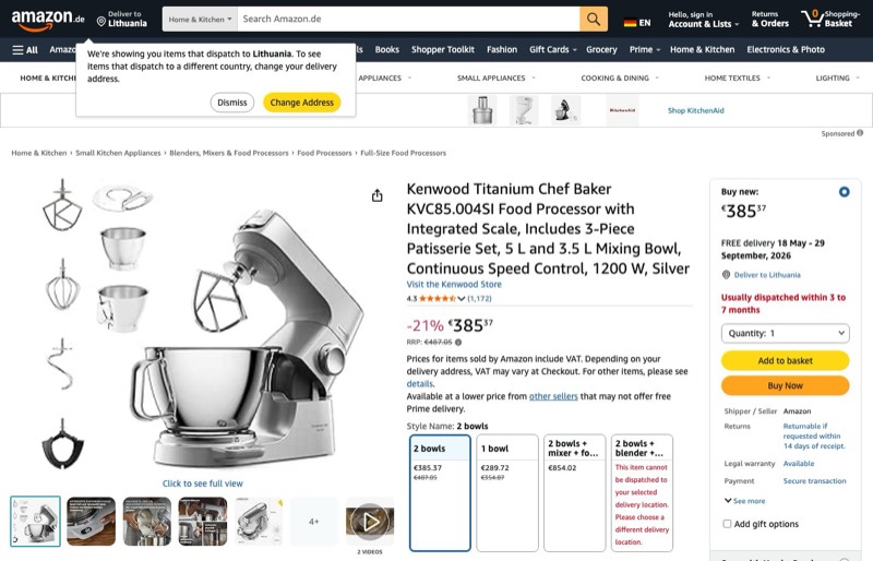 Kenwood Titanium Chef Baker KVC85.004SI Küchenmaschine kaina Amazon.de — 385,37 €