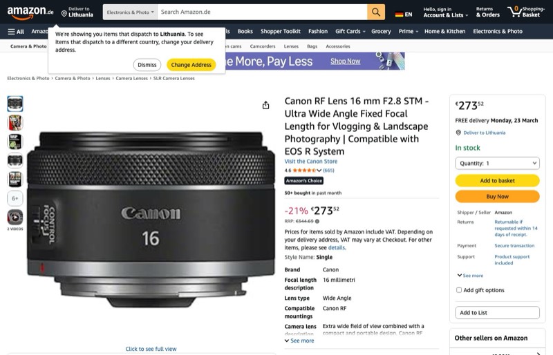 Canon RF Objektiv 16mm F2.8 STM kaina Amazon.de — 273,52 €