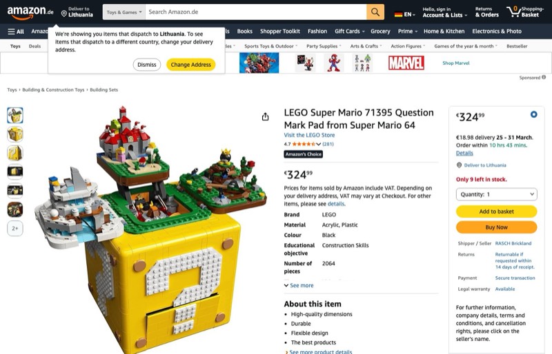 LEGO Super Mario Question Mark Pad 71395 kaina Amazon.de — 324,99 €