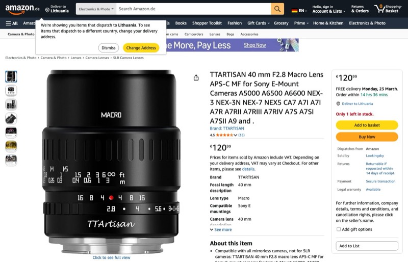 TTARTISAN 40mm F2.8 Makroobjektiv APS-C MF Sony E-Mount kaina Amazon.de — 120,99 €