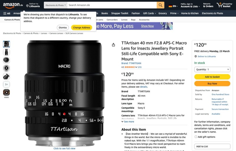 TTArtisan 40mm F2.8 APS-C Macro Lens for Insects Jewelry kaina Amazon.de — 120,99 €