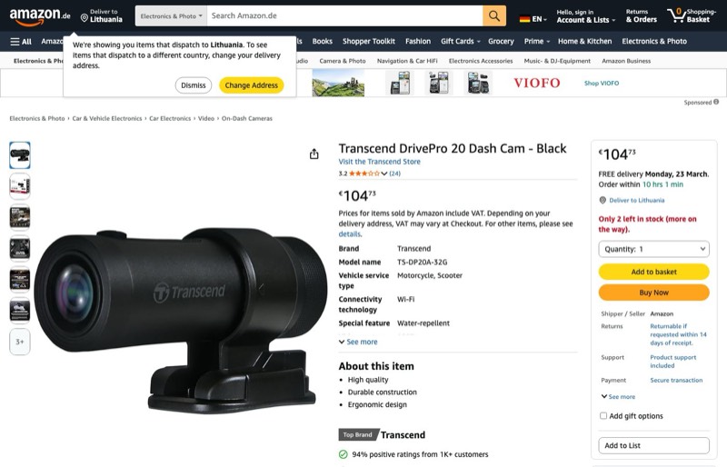 Transcend DrivePro 20 Dashcam kaina Amazon.de — 104,73 €